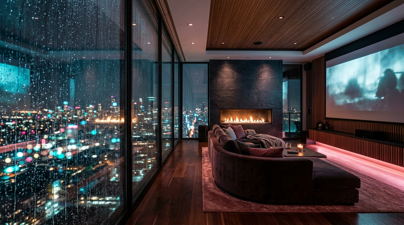 Luxury Penthouse Night Rain & Fireplace Soundscape Artwork